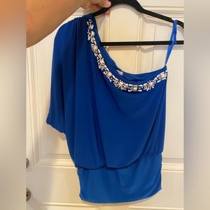 Cache Blue Off the Shoulder Bejeweled Blouse
